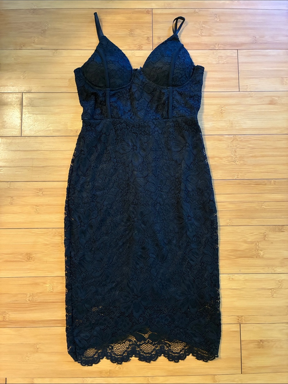 Lulu's Black Lace Midi Bodycon Dress with Spaghetti Straps
